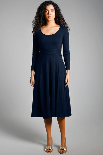 Navy Cotton Jersey Pleat Waist Dress