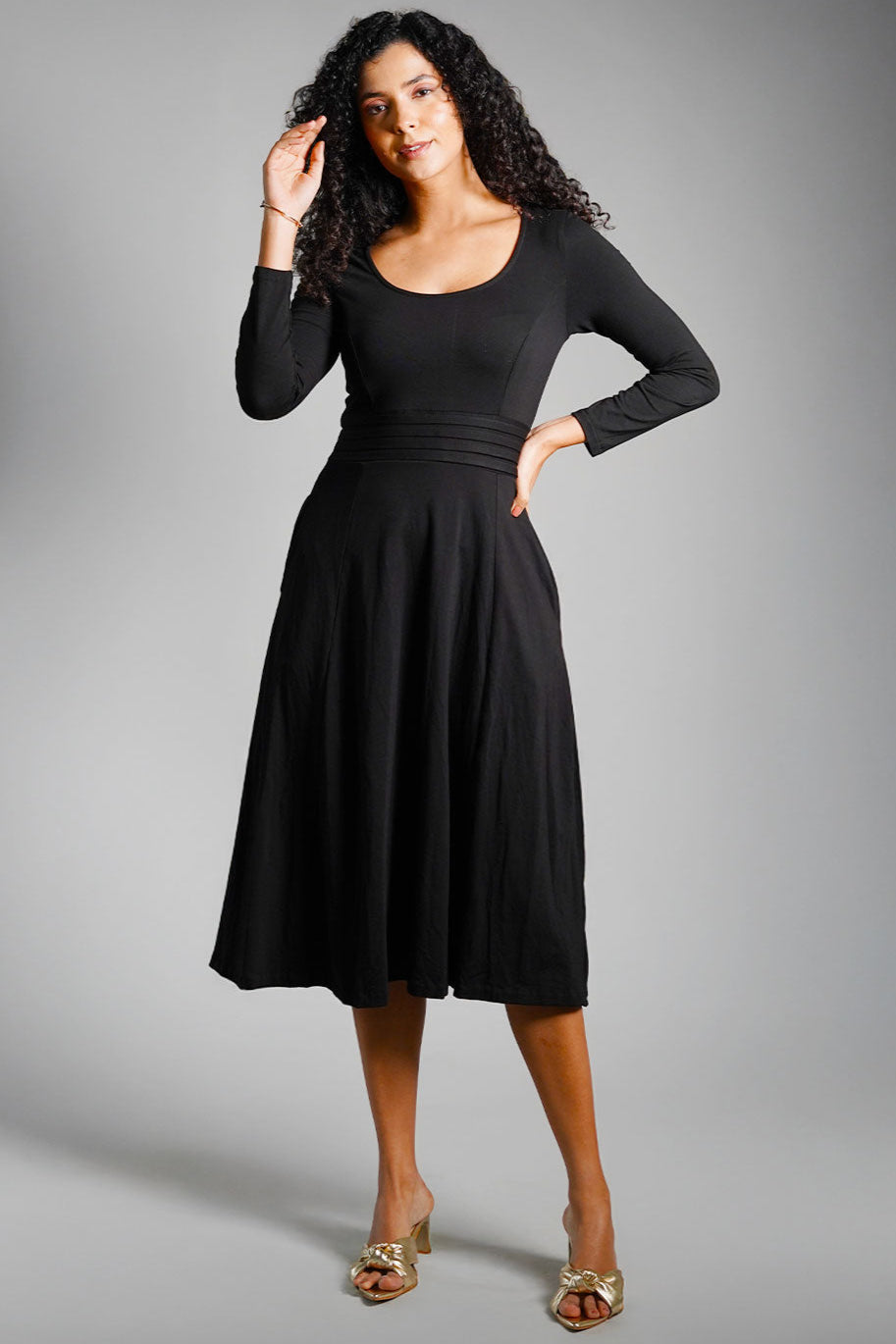 Black Cotton Jersey Pleat Waist Dress
