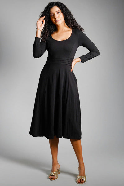 Black Cotton Jersey Pleat Waist Dress