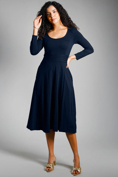 Navy Cotton Jersey Pleat Waist Dress