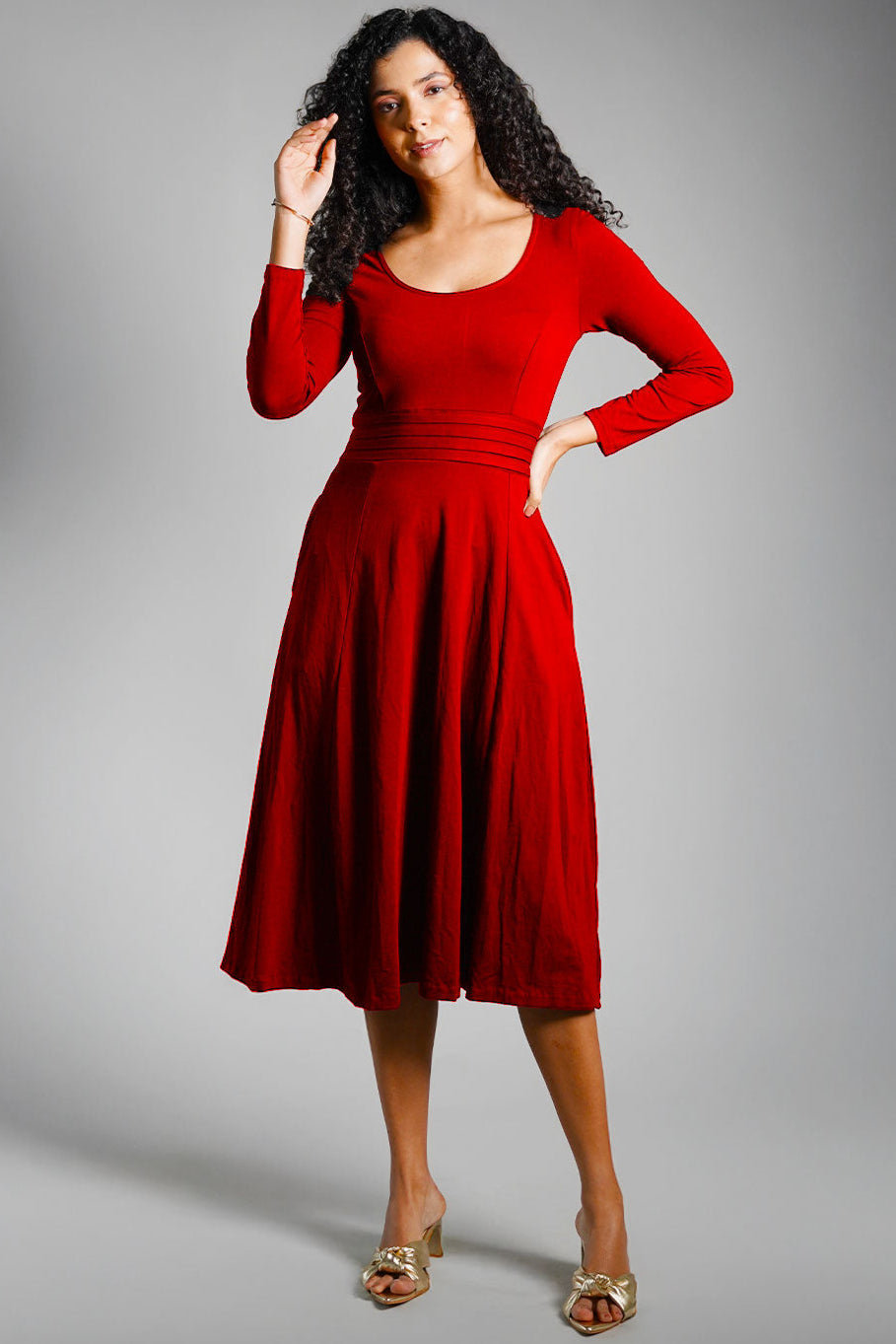Red Cotton Jersey Pleat Waist Dress