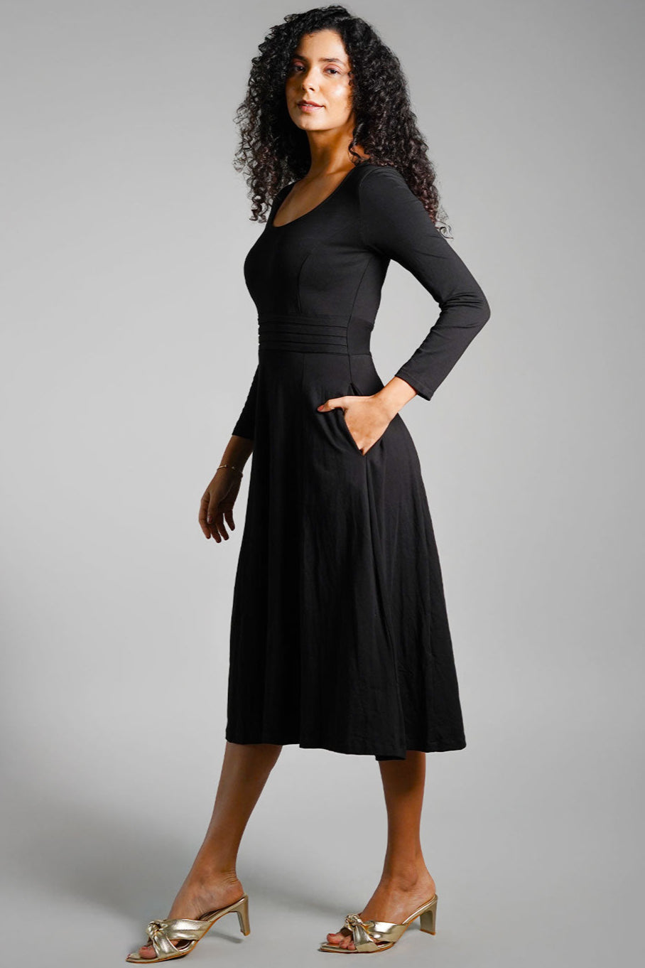 Black Cotton Jersey Pleat Waist Dress