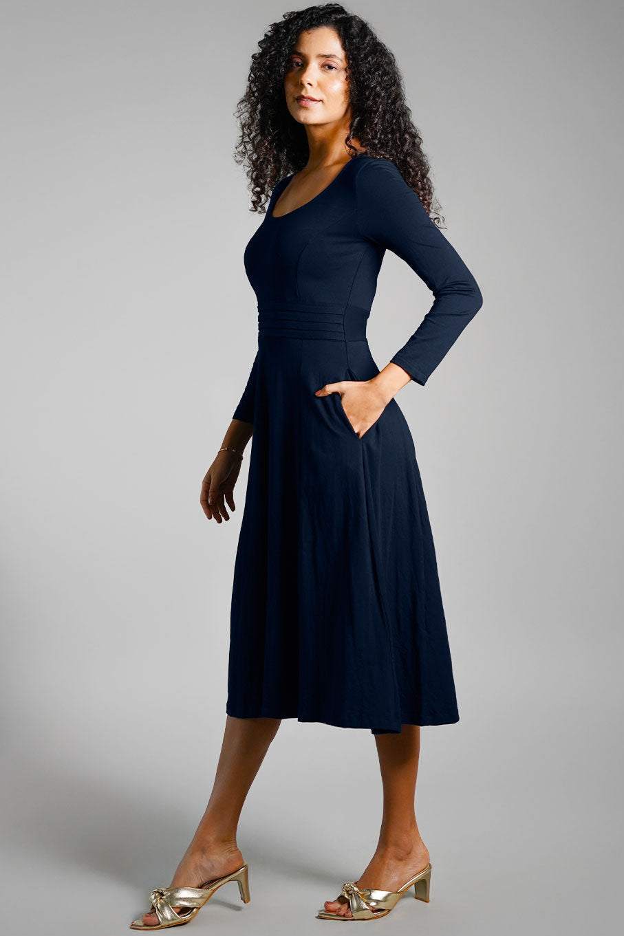 Navy Cotton Jersey Pleat Waist Dress