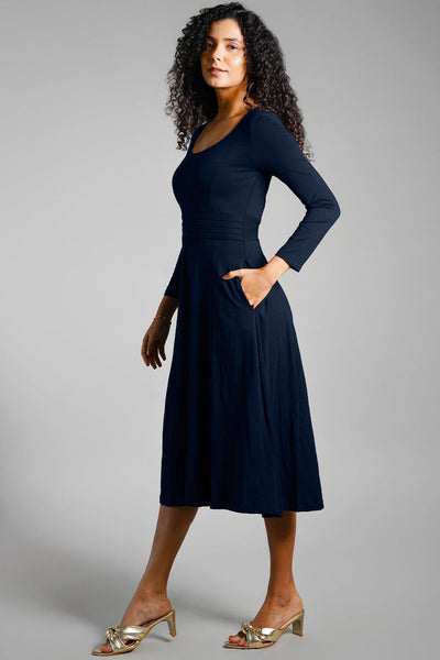 Navy Cotton Jersey Pleat Waist Dress