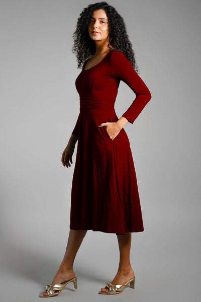 Maroon Cotton Jersey Pleat Waist Dress