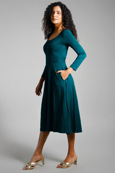 Teal Cotton Jersey Pleat Waist Dress