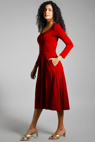 Red Cotton Jersey Pleat Waist Dress