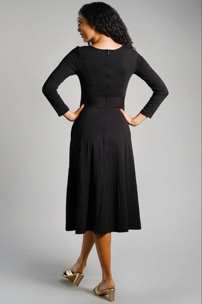 Black Cotton Jersey Pleat Waist Dress