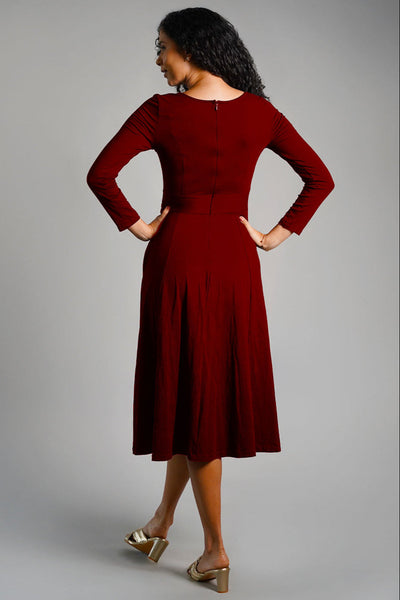 Maroon Cotton Jersey Pleat Waist Dress