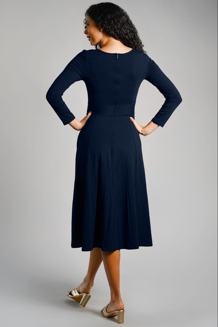 Navy Cotton Jersey Pleat Waist Dress
