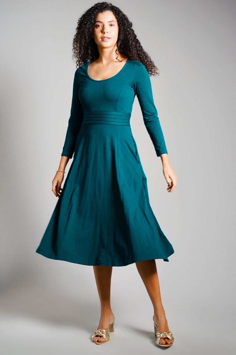 Teal Cotton Jersey Pleat Waist Dress