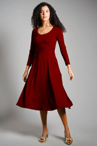 Maroon Cotton Jersey Pleat Waist Dress