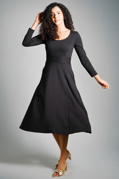 Black Cotton Jersey Pleat Waist Dress