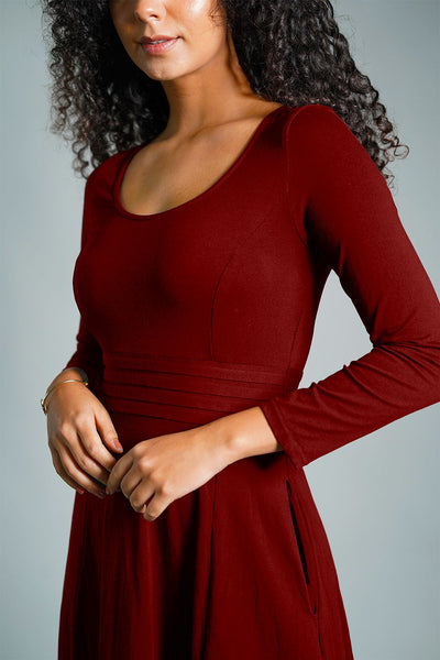 Maroon Cotton Jersey Pleat Waist Dress