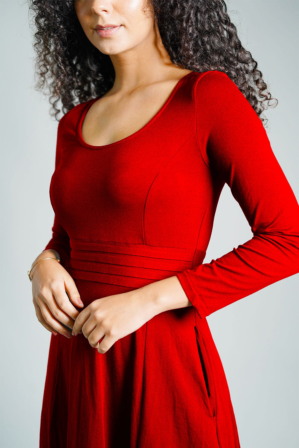 Red Cotton Jersey Pleat Waist Dress