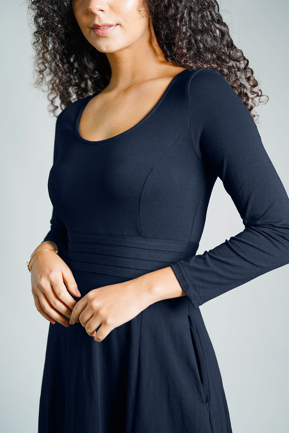 Navy Cotton Jersey Pleat Waist Dress