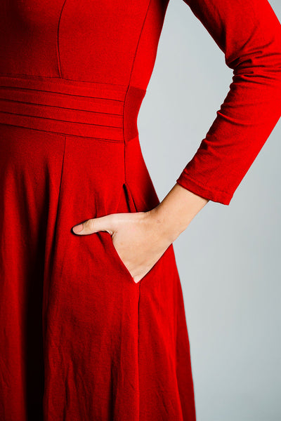 Red Cotton Jersey Pleat Waist Dress