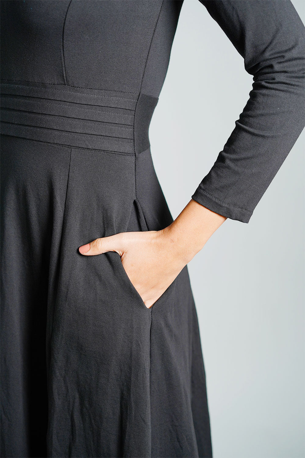 Black Cotton Jersey Pleat Waist Dress