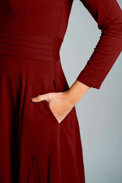 Maroon Cotton Jersey Pleat Waist Dress