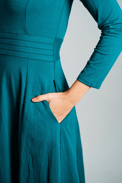 Teal Cotton Jersey Pleat Waist Dress