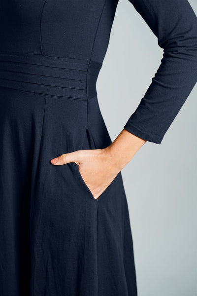 Navy Cotton Jersey Pleat Waist Dress