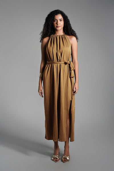 Beige Cotton Jersey Maxi Halter Dress