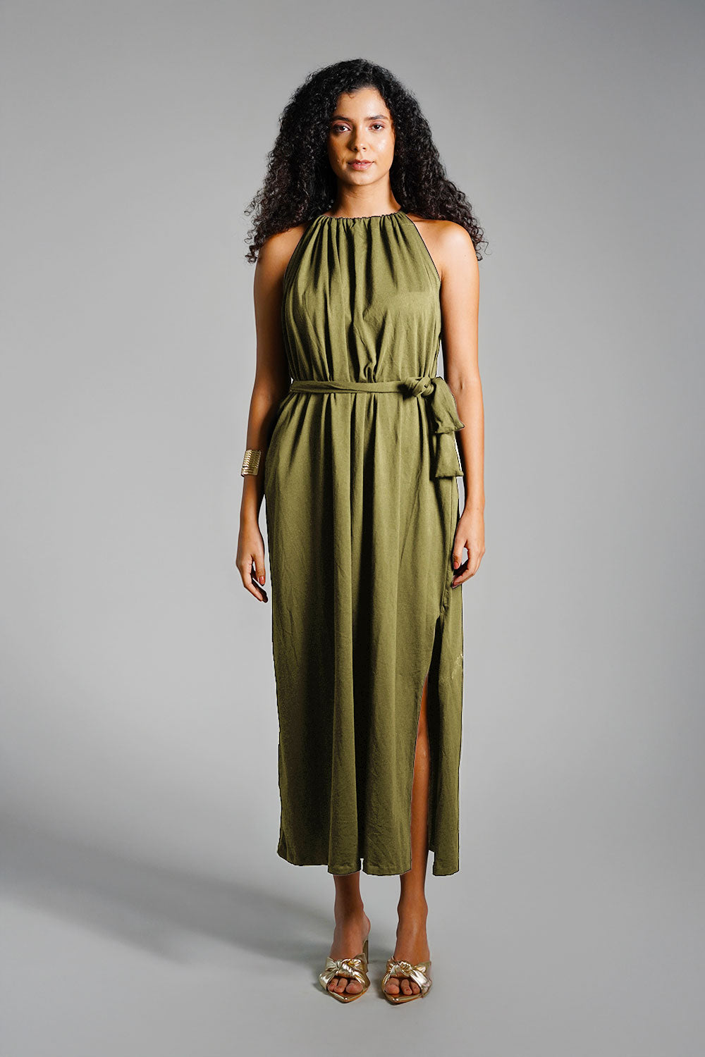 Olive Cotton Jersey Maxi Halter Dress