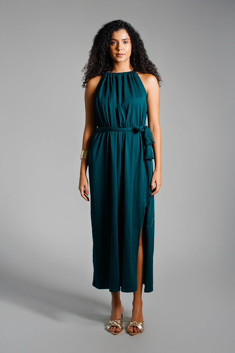 Teal Cotton Jersey Maxi Halter Dress