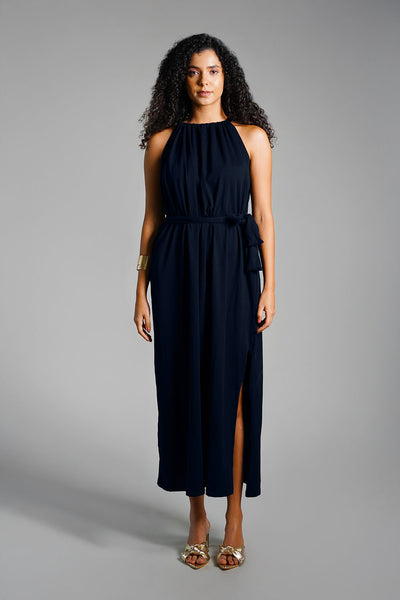 Navy Cotton Jersey Maxi Halter Dress