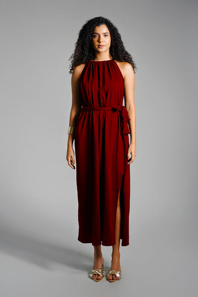 Maroon Cotton Jersey Maxi Halter Dress