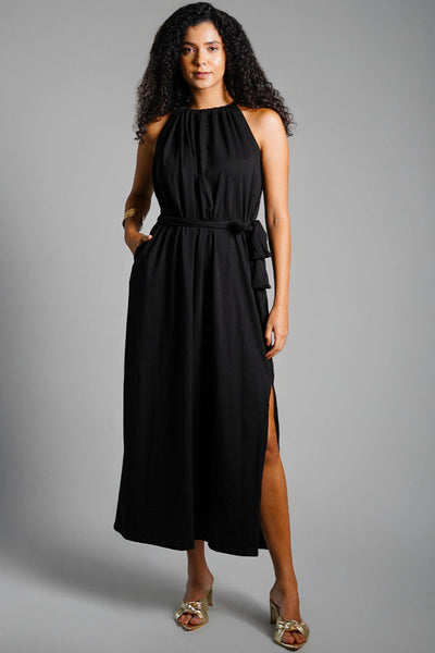 Black Cotton Jersey Maxi Halter Dress