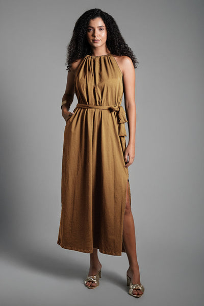 Beige Cotton Jersey Maxi Halter Dress