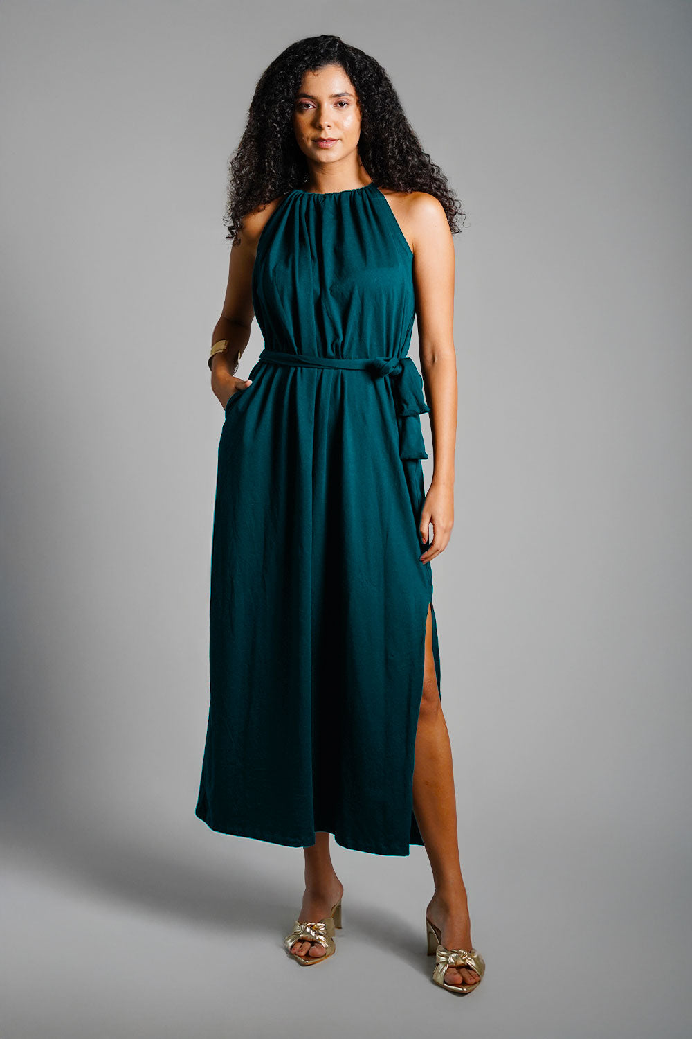 Teal Cotton Jersey Maxi Halter Dress