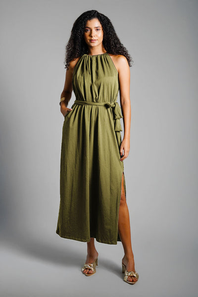 Olive Cotton Jersey Maxi Halter Dress