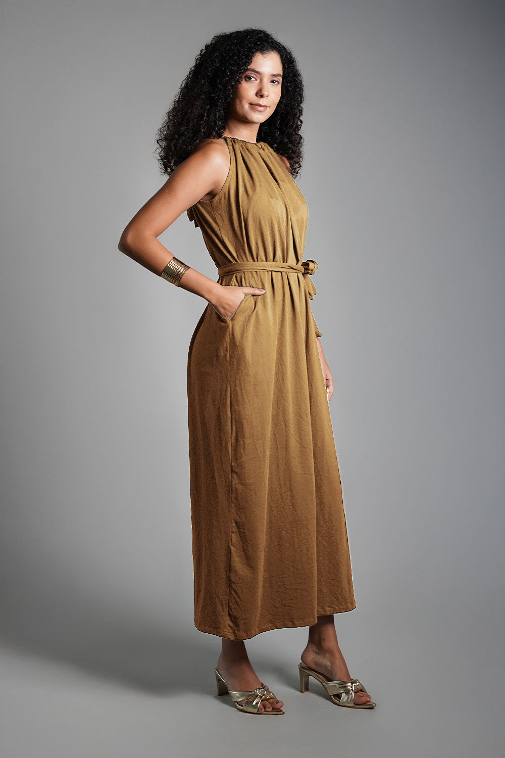 Beige Cotton Jersey Maxi Halter Dress