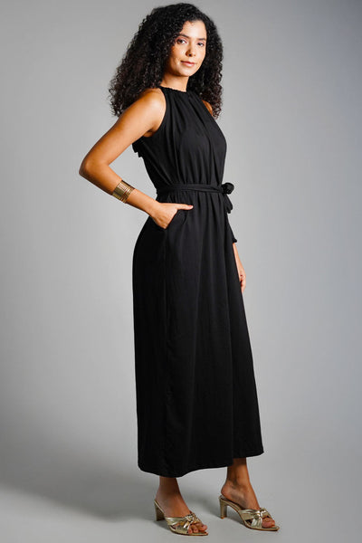 Black Cotton Jersey Maxi Halter Dress