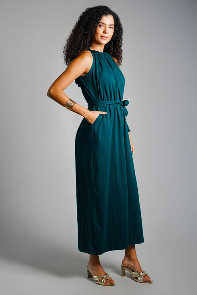 Teal Cotton Jersey Maxi Halter Dress
