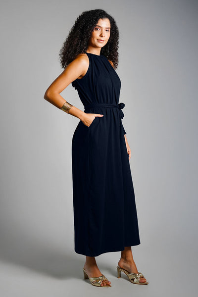 Navy Cotton Jersey Maxi Halter Dress