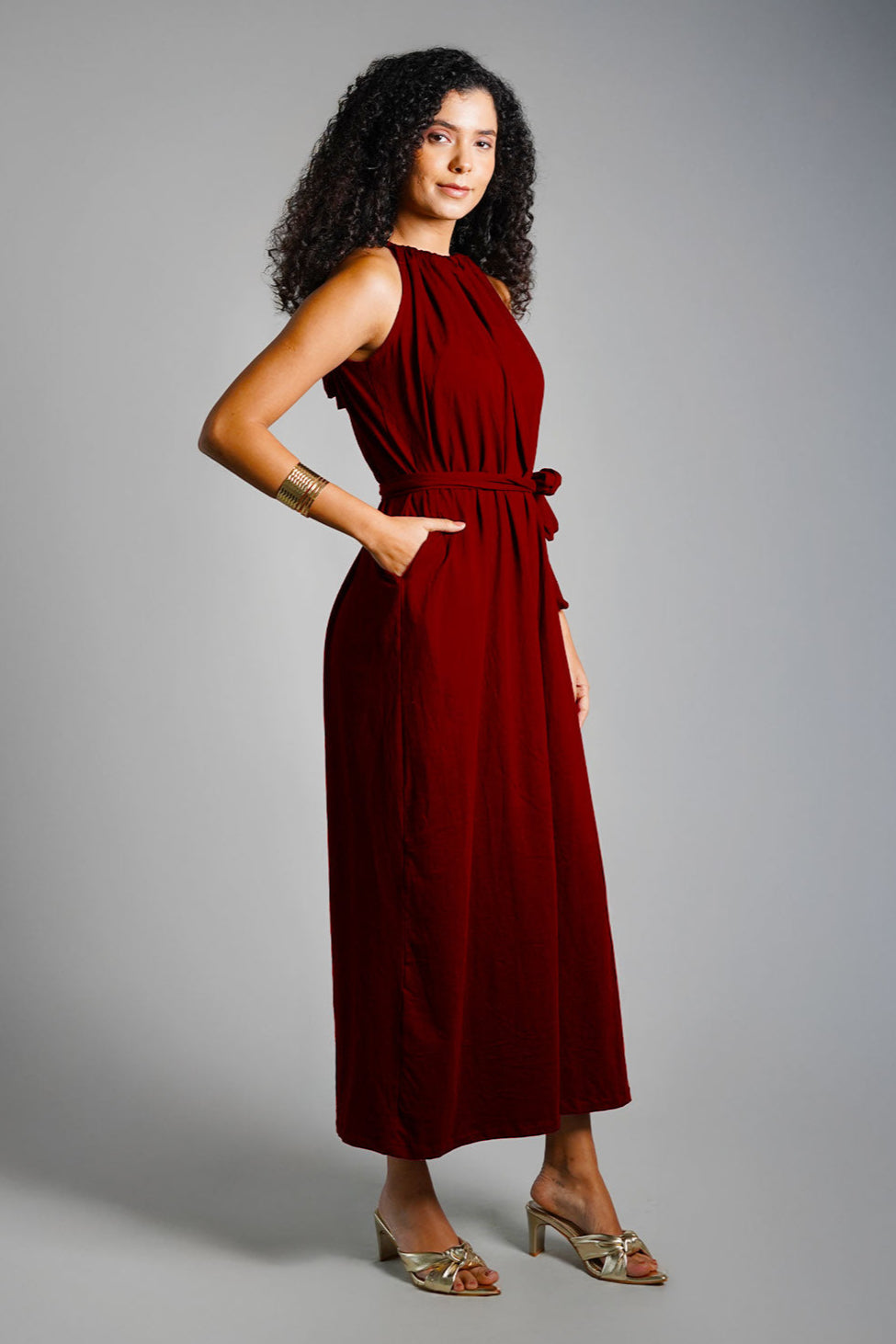 Maroon Cotton Jersey Maxi Halter Dress