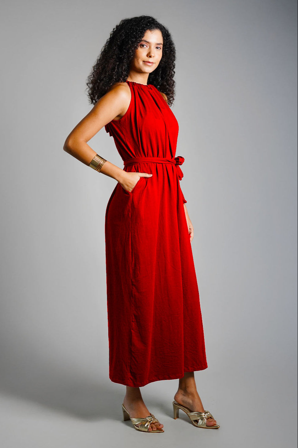 Red Cotton Jersey Maxi Halter Dress