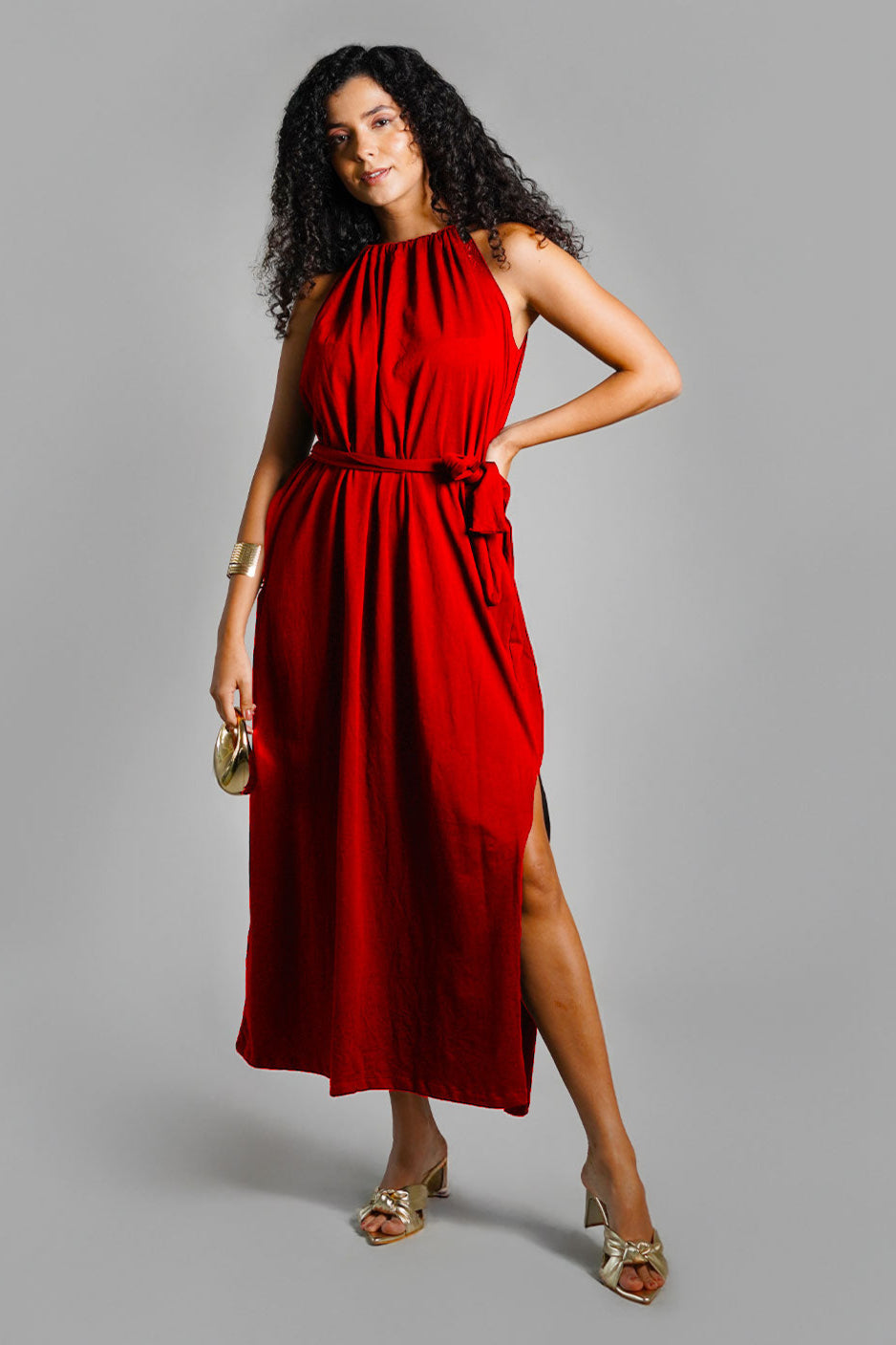 Red Cotton Jersey Maxi Halter Dress