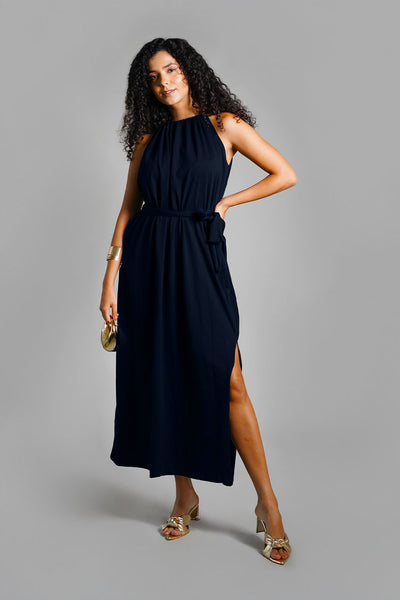 Navy Cotton Jersey Maxi Halter Dress