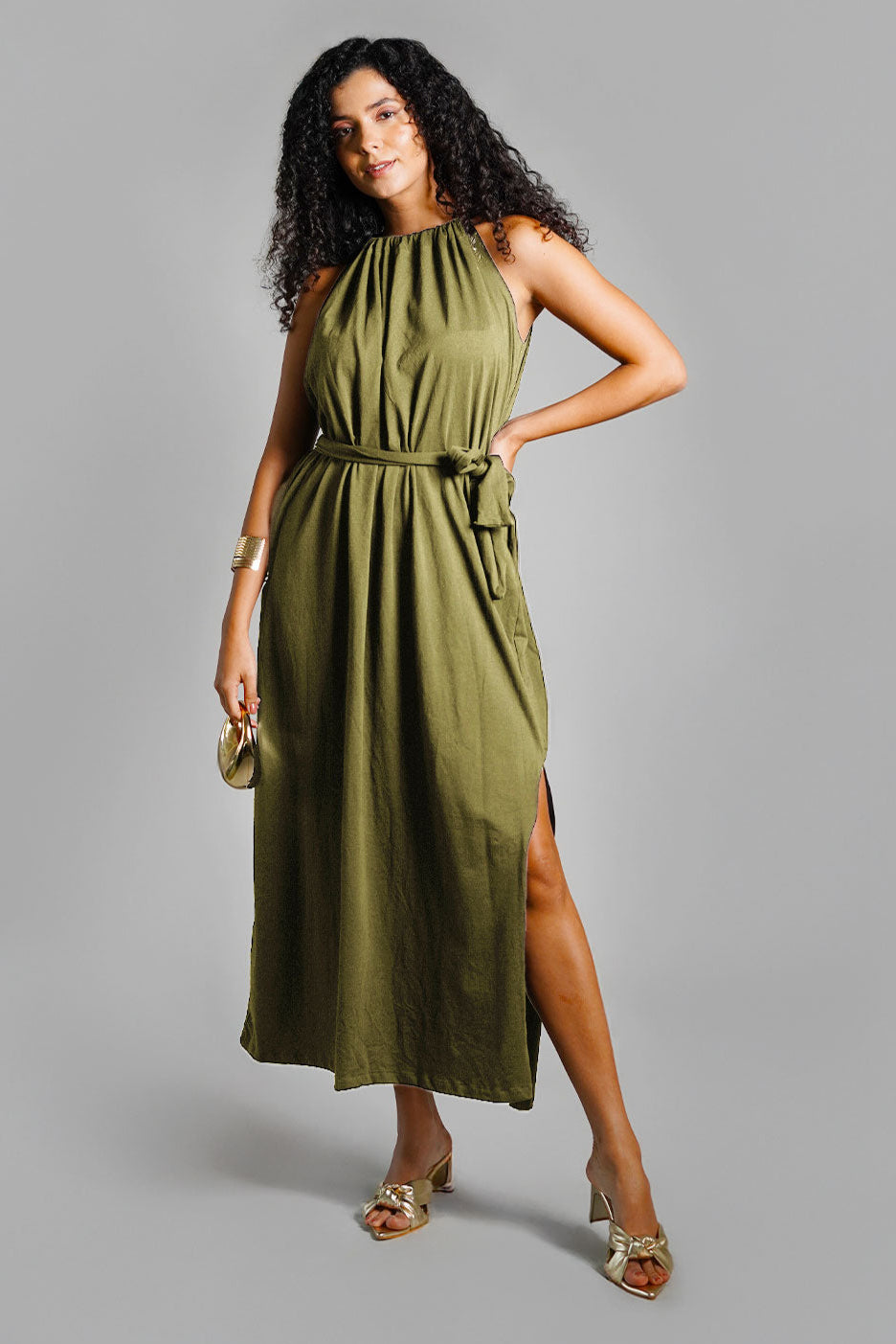 Olive Cotton Jersey Maxi Halter Dress