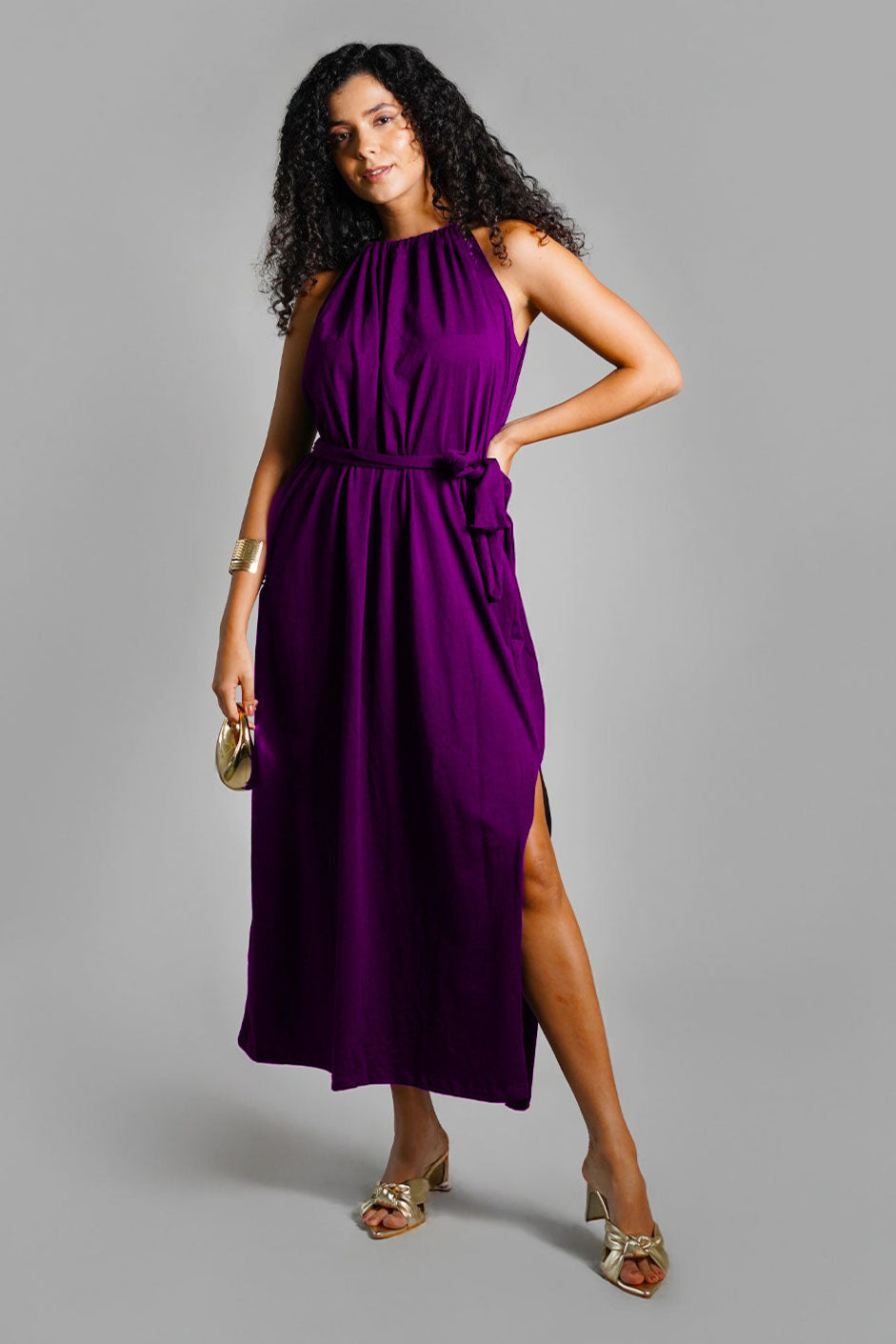 Purple Cotton Jersey Maxi Halter Dress