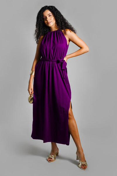 Purple Cotton Jersey Maxi Halter Dress