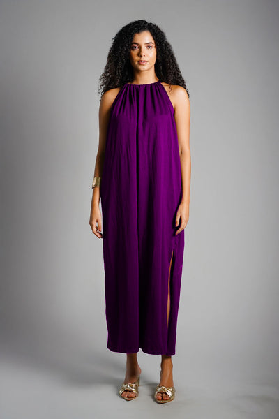 Purple Cotton Jersey Maxi Halter Dress