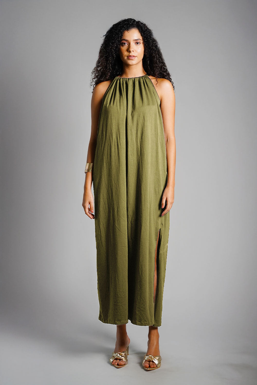 Olive Cotton Jersey Maxi Halter Dress