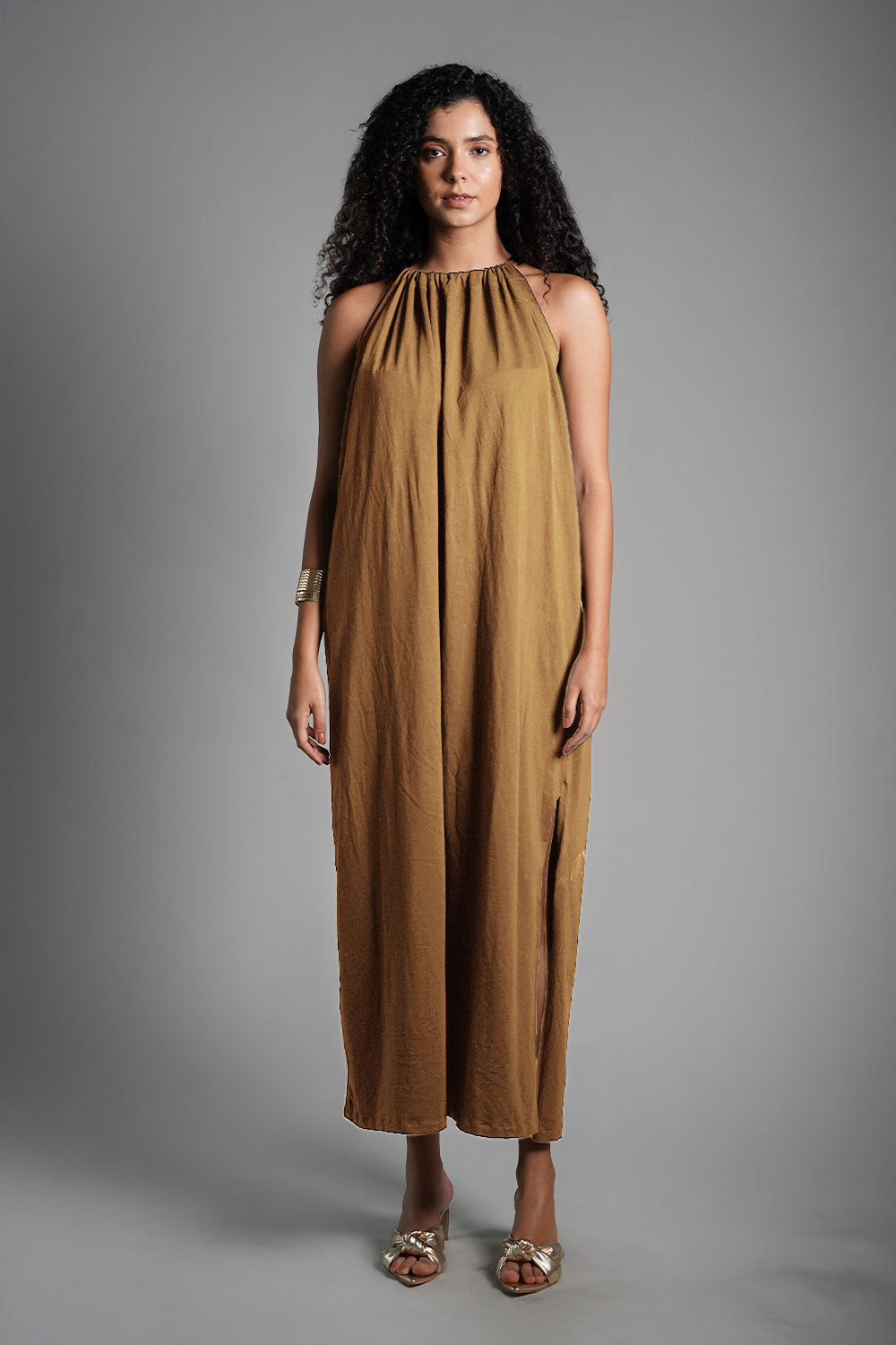 Beige Cotton Jersey Maxi Halter Dress