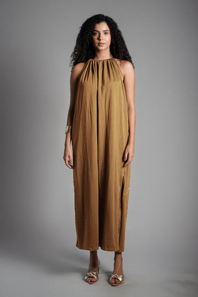 Beige Cotton Jersey Maxi Halter Dress