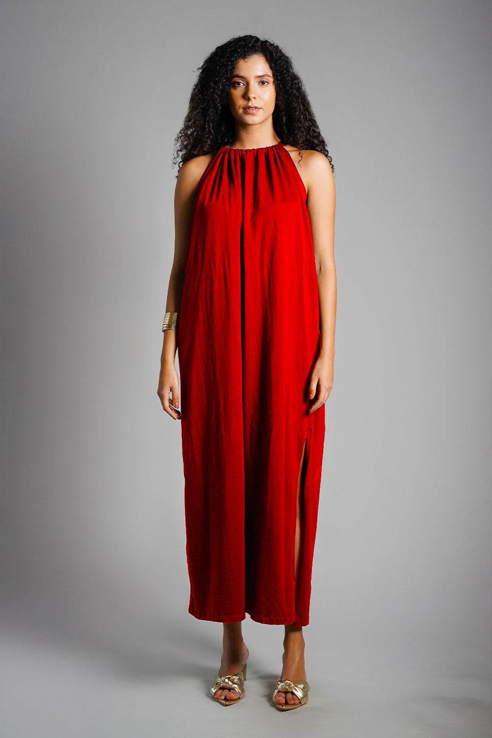 Red Cotton Jersey Maxi Halter Dress